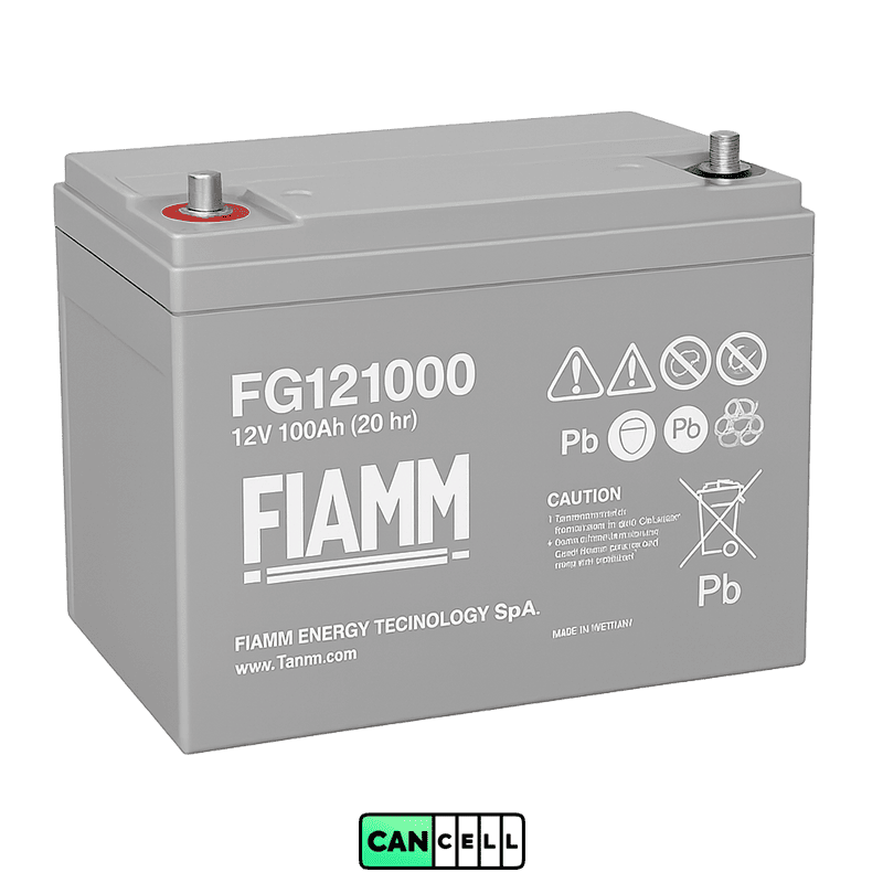 باتری UPS FIAMM FG121000 با ولتاژ 12 ولت و ظرفیت 100 آمپر&zwnj;ساعت با پس&zwnj;زمینه شفاف
