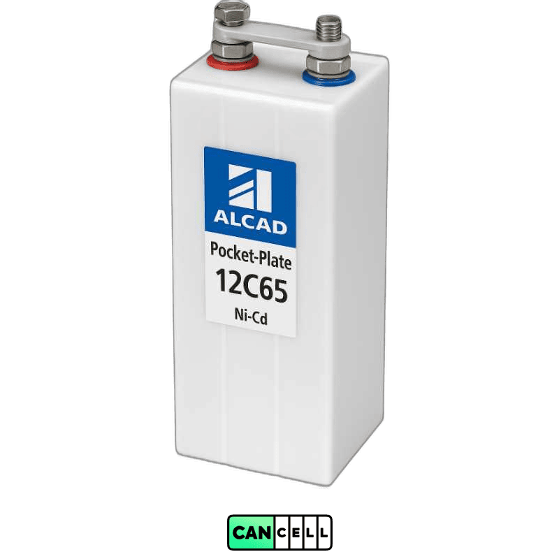 باتری نیکل&zwnj;کادمیوم Alcad Pocket‑Plate 12C65 با ترمینال&zwnj;های M6 و بدنه سفید مقاوم