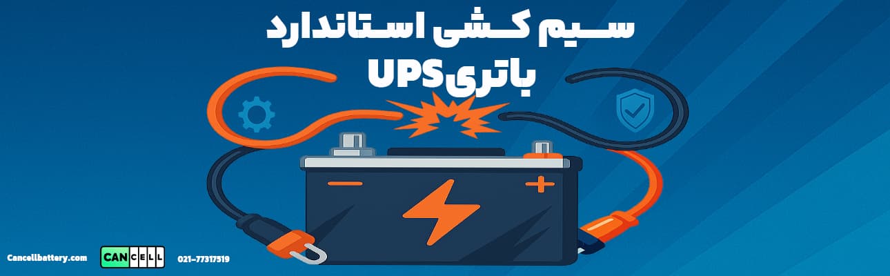 گرافیک حرفه‌ای سیم‌کشی و اتصال باتری UPS با کابل‌های رنگی و متن فارسی «سیم‌کشی استاندارد باتری UPS»