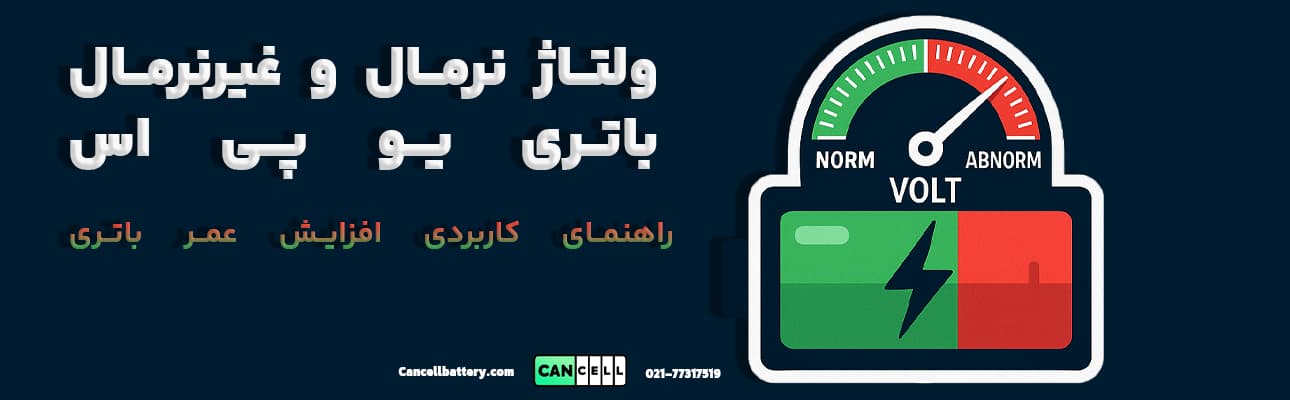 نمودار ولت‌متر و باتری با نواحی سبز (نرمال) و قرمز (غیرنرمال) به همراه متن فارسی «ولتاژ نرمال و غیرنرمال باتری یو پی اس؛ راهنمای کاربردی افزایش عمر باتری»