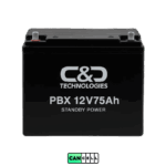 باتری C&D Technologies PBX 12V75Ah با طراحی جمع_وجور، بدنه سیاه مقاوم و ترمینال_های فستون فلزی، مناسب سیستم_های UPS و پشتیبانی اضطراری