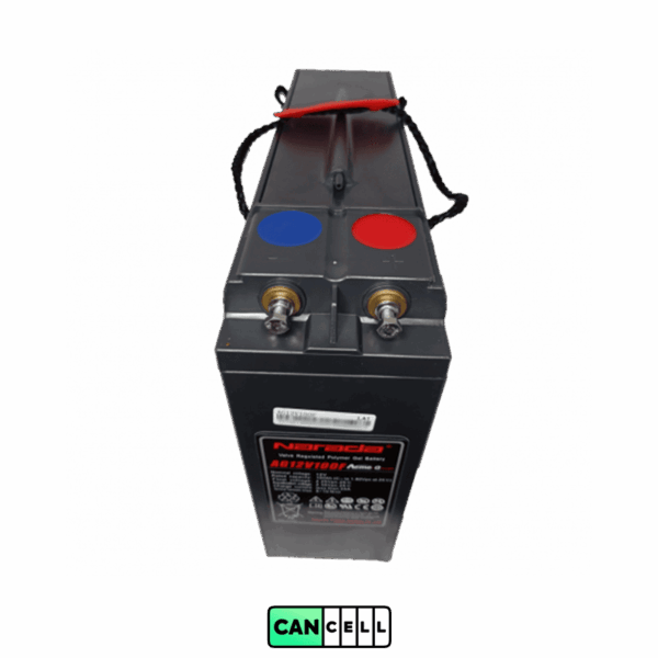 نمای بالا و اندکی مایل به سمت جلو (top‐front angle) از باتری Narada AG12v100S