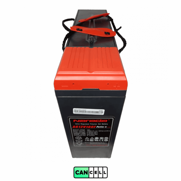 نمای بالا و پشت باتری Narada AG12v100S با پوشش قرمز و دسته حمل