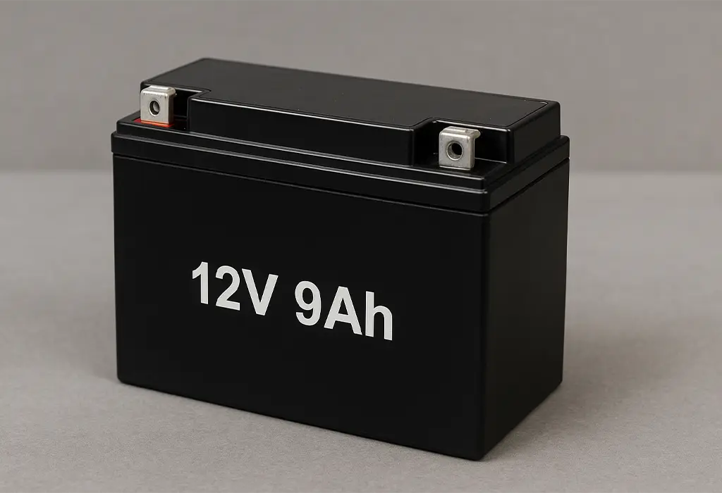 عکس واقعی باتری 12V 9Ah موتورسیکلت با نمای بالا و تمرکز روی دو ترمینال مکعبی بالای بدنه