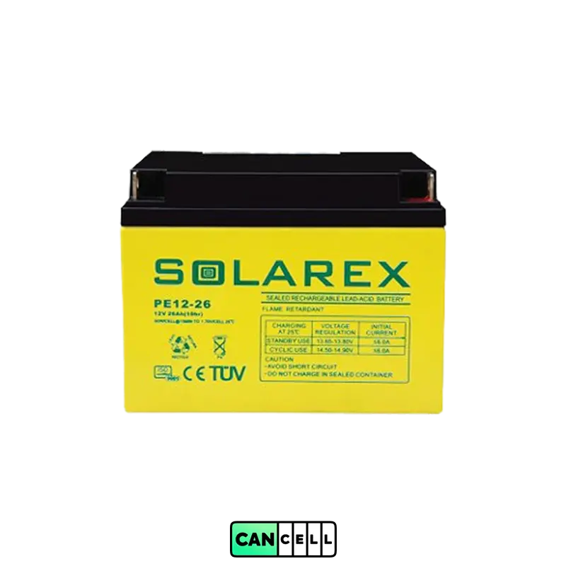 باتری یو پی اس ۱۲ ولت ۲۶ آمپر سولارکس (SolarEx)؛ سیلد اسید VRLA مناسب UPS و رک&zwnj;های مخابراتی.