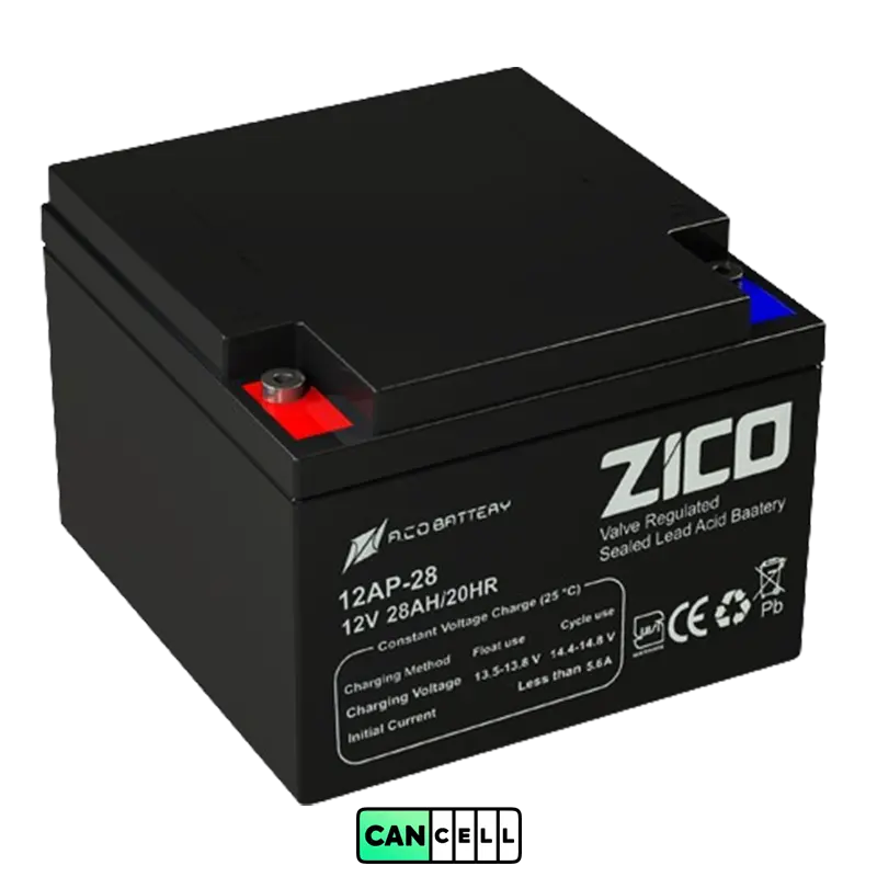 باتری یو پی اس ۱۲ ولت ۲۸ آمپر زیکو (ZICO) ضد&zwnj;اشتعال FR؛ سیلد اسید VRLA مناسب UPS و رک&zwnj;های مخابراتی.