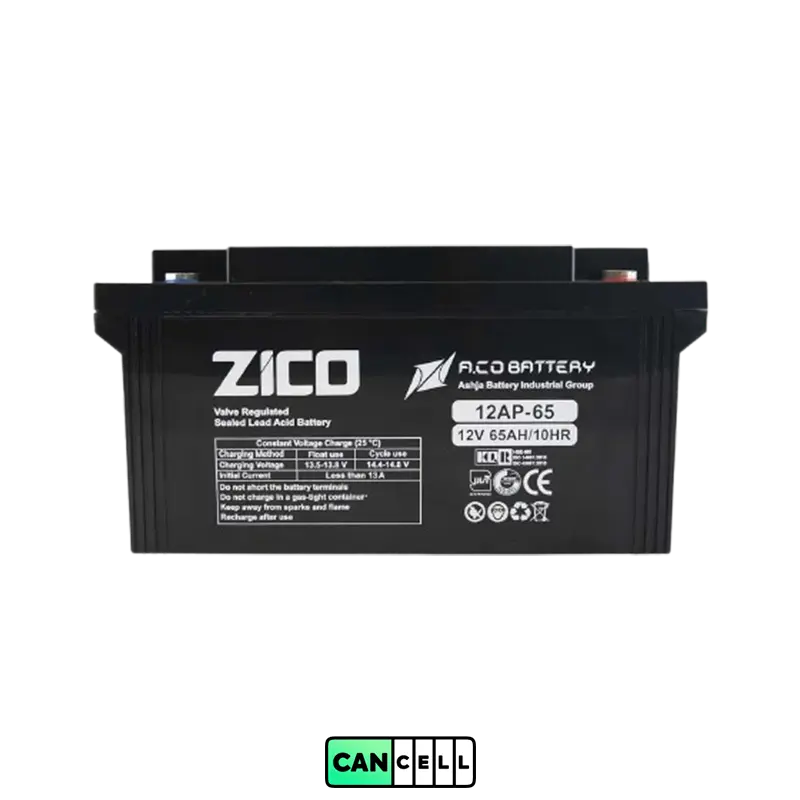باتری یو پی اس ۱۲ ولت ۶۵ آمپر زیکو (ZICO)؛ سیلد اسید VRLA مناسب UPS و رک&zwnj;های مخابراتی.