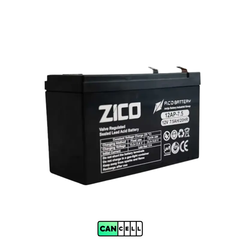 باتری یو پی اس ۱۲ ولت ۷٫۵ آمپر زیکو (ZICO)؛ سیلد اسید VRLA مناسب UPS، رک سرور و تجهیزات شبکه.