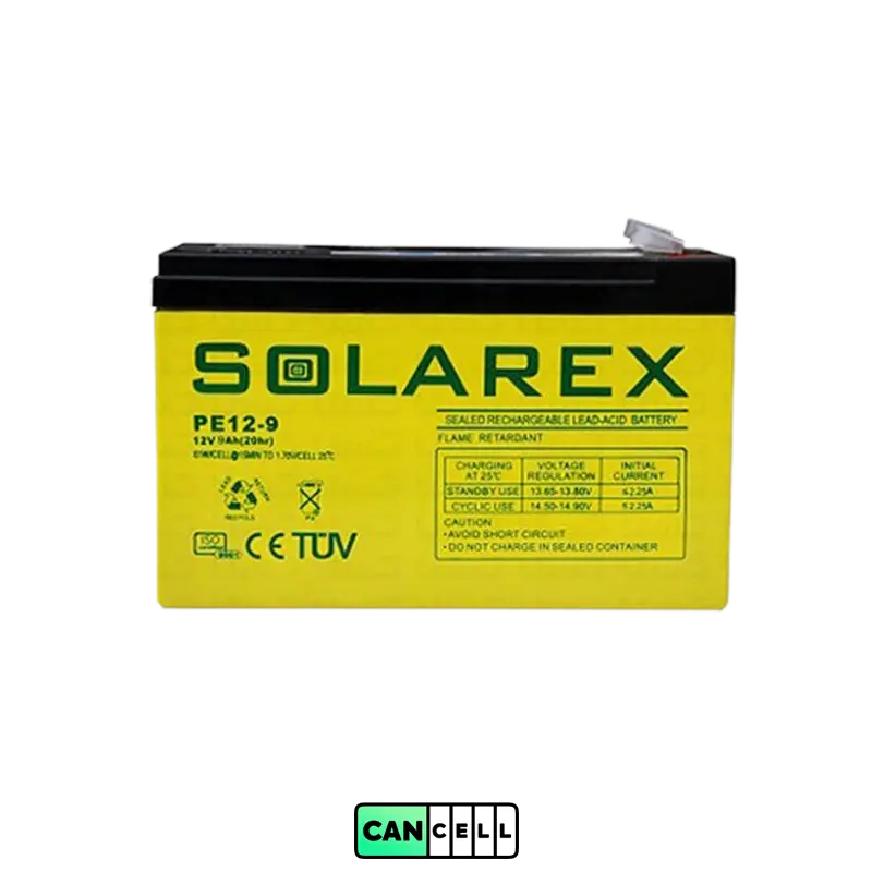 باتری یو پی اس ۱۲ ولت ۹ آمپر سولارکس (SolarEx)؛ سیلد اسید VRLA مناسب UPS و تجهیزات شبکه.